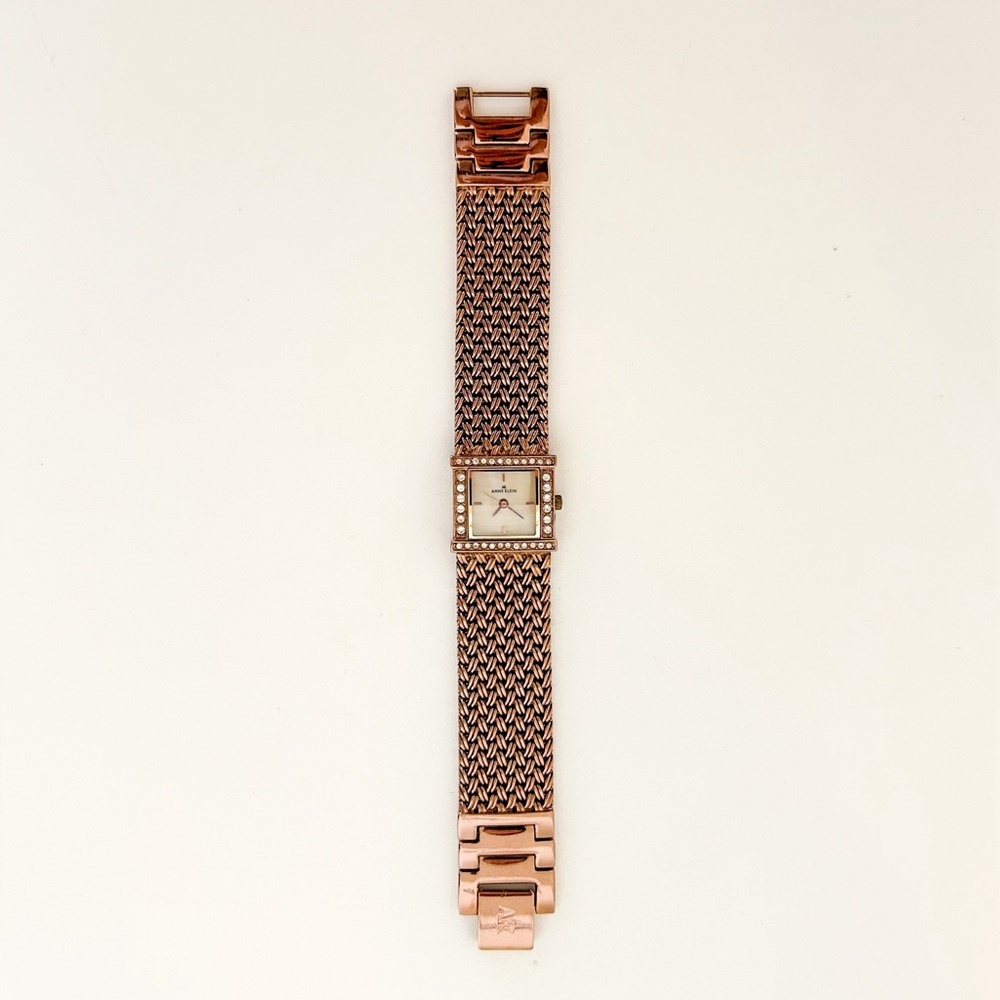 Anne Klein rose gold tone square copper analog watch rhinestone mesh braided - Picture 2 of 5